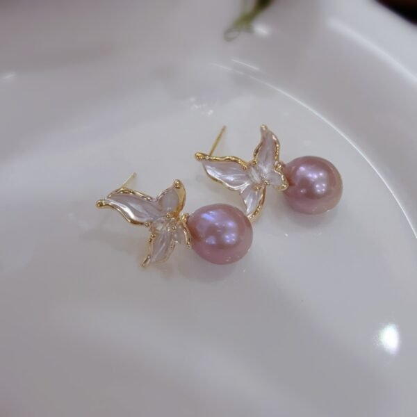 Dancing Butterfly Gentle French - Style Elegant and Sweet Earrings for Women, Flower - Shaped with Natural Pink - Purple Edison Pearls (9 - 10mm) / Silver Needles